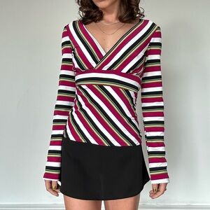 Y2K multicolor stripe long sleeve v neck top with tie back waist